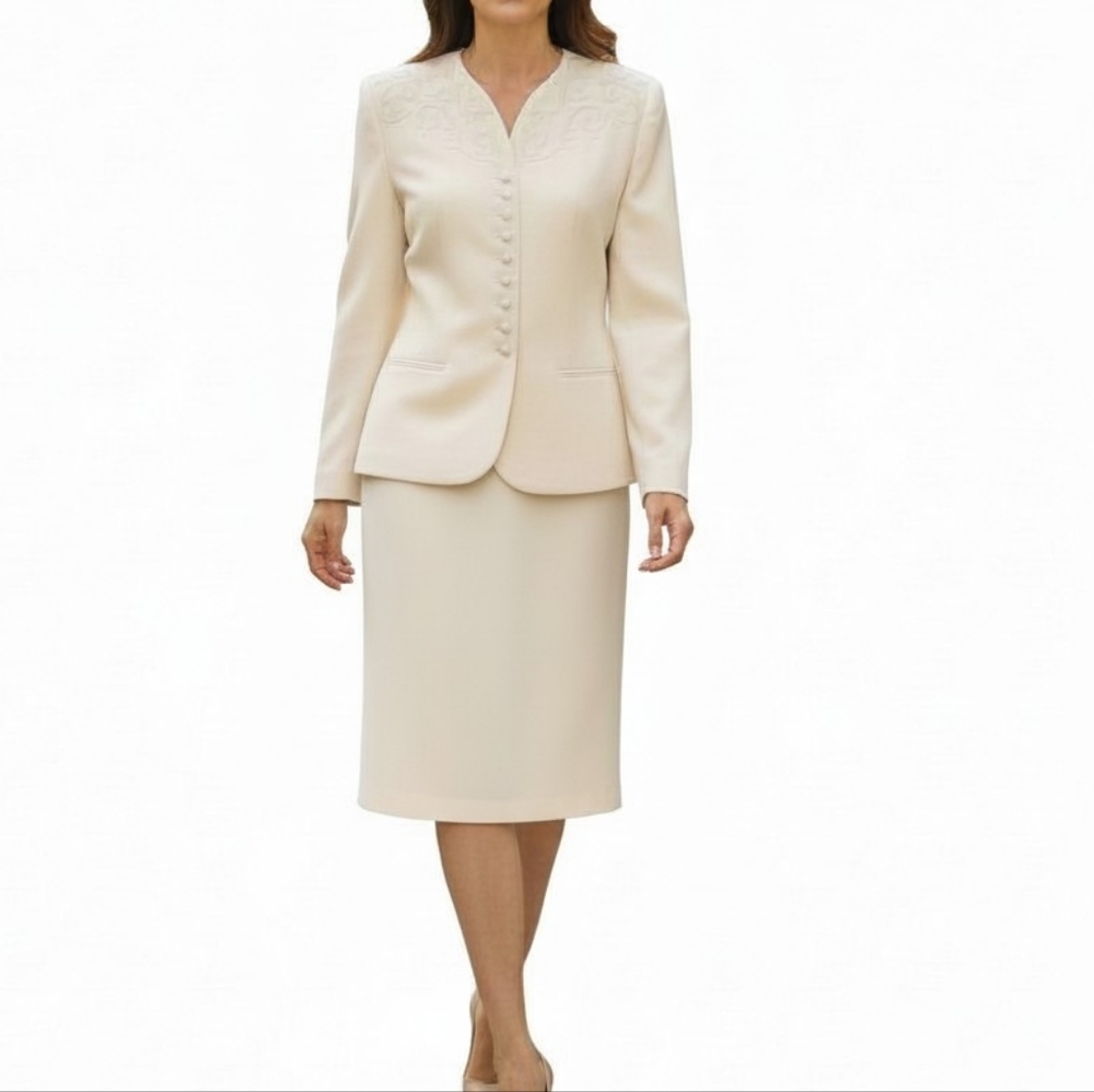Kasper ASL Wool Skirt Suit Size 8P Light Yellow Zip Snap Embroidered Blazer